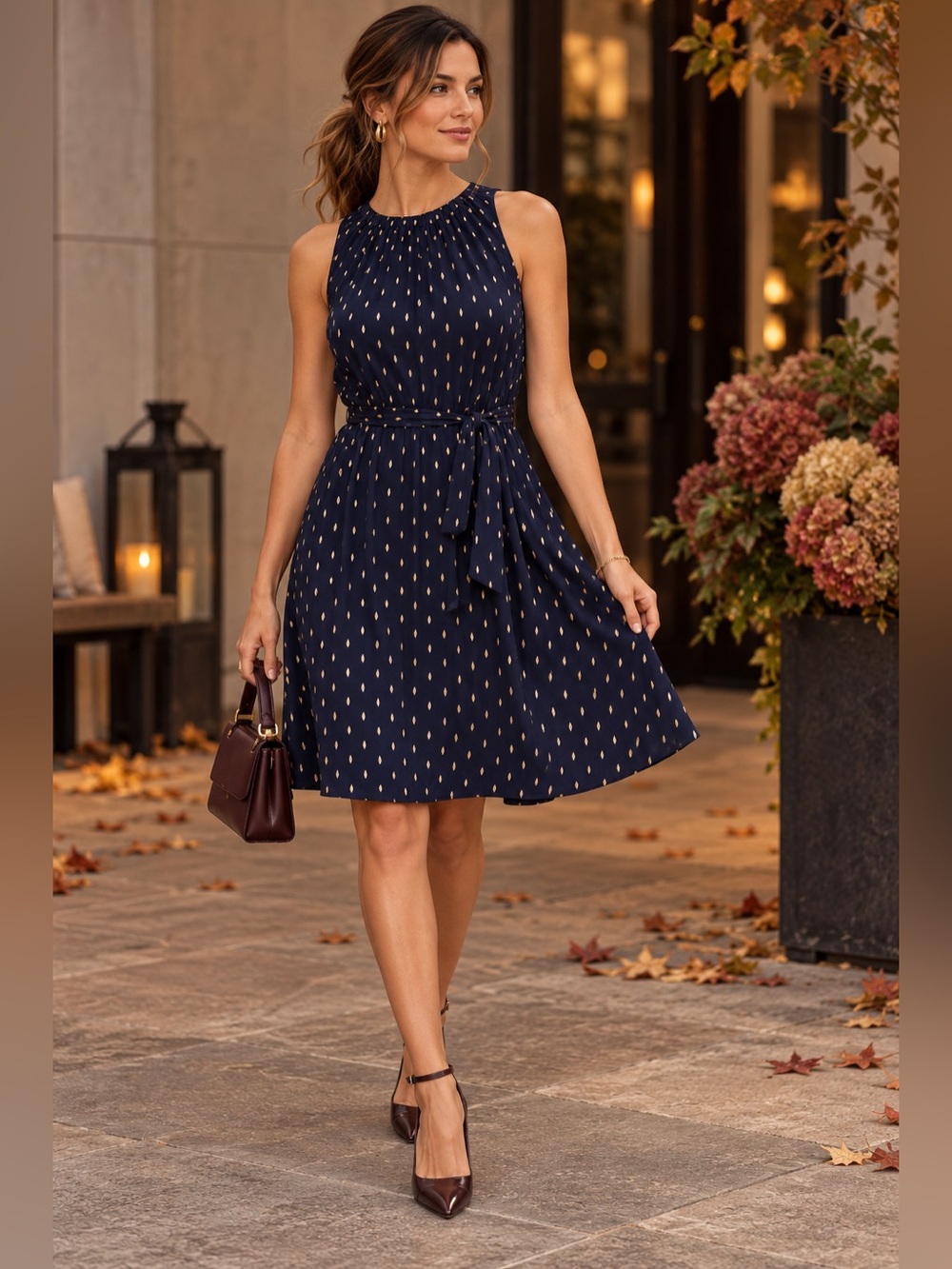 Juicy Couture Navy Gold Metallic Dress M Tie Waist Wedding Guest Cocktail Date